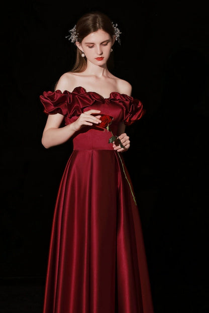 off-shoulder ruffle satin maxi dress in claret