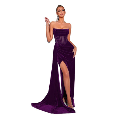 Velvet herringbone strapless evening maxi dress