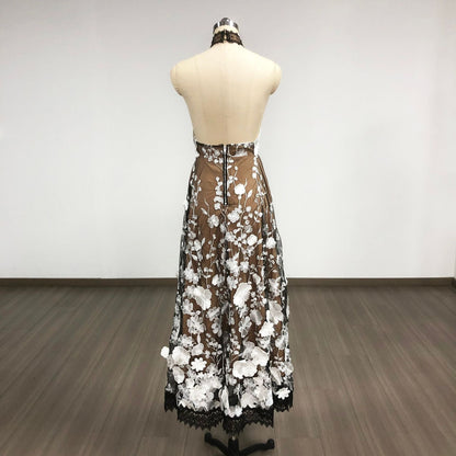 alyssa black Halter Floral Embroidered Midi Dress