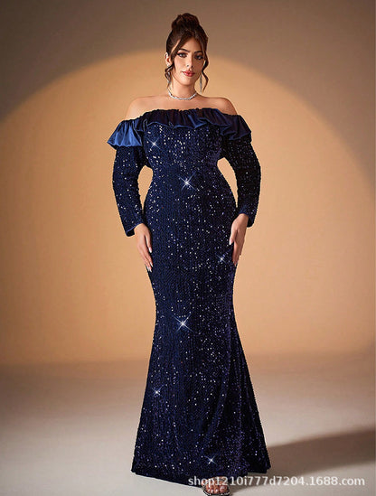 off shoulder long sleeve sequin detail maxi dress in navy blue
