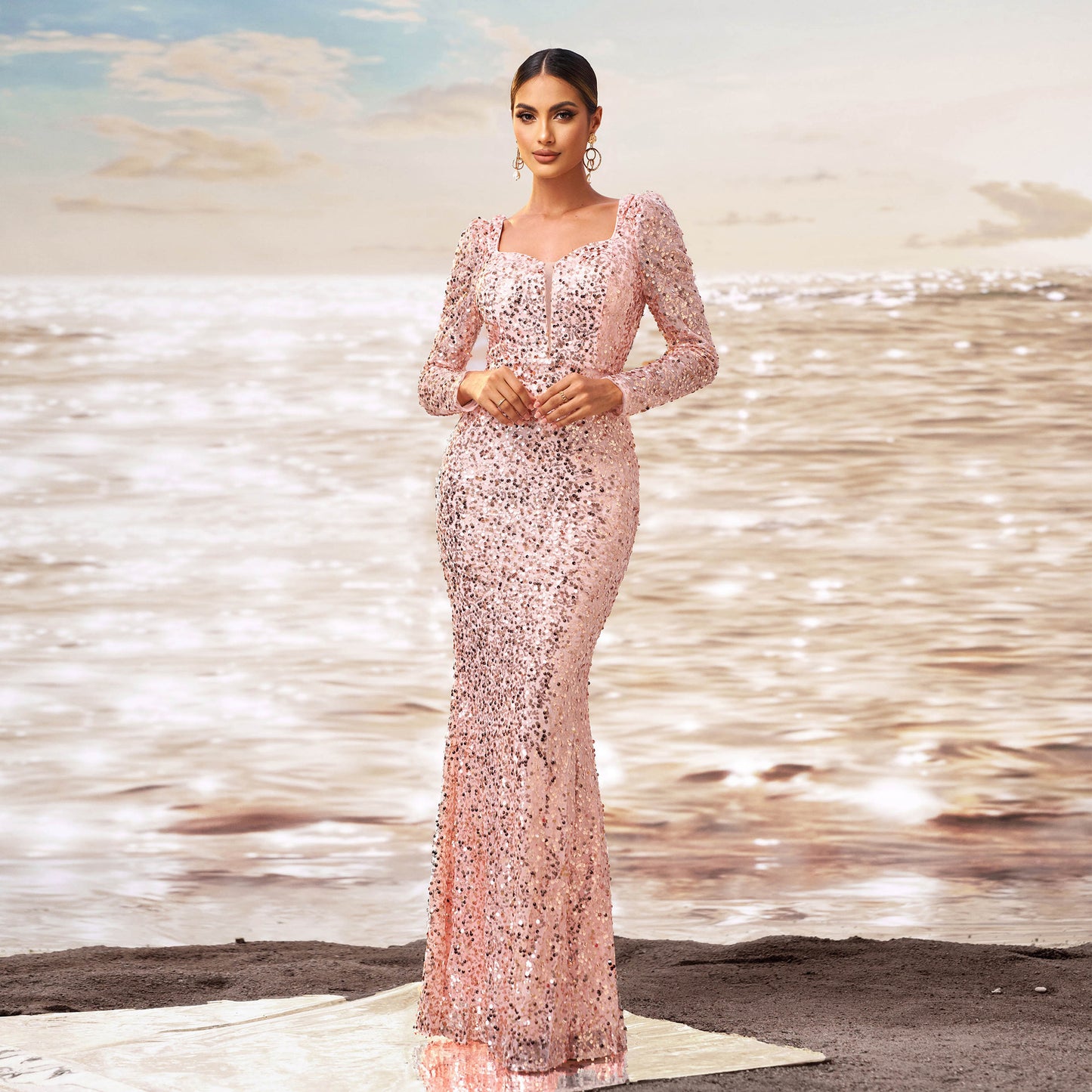 square neck long sleeve bodycon maxi dress in rose gold