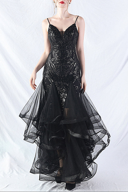 sequin slip tulle maxi dress