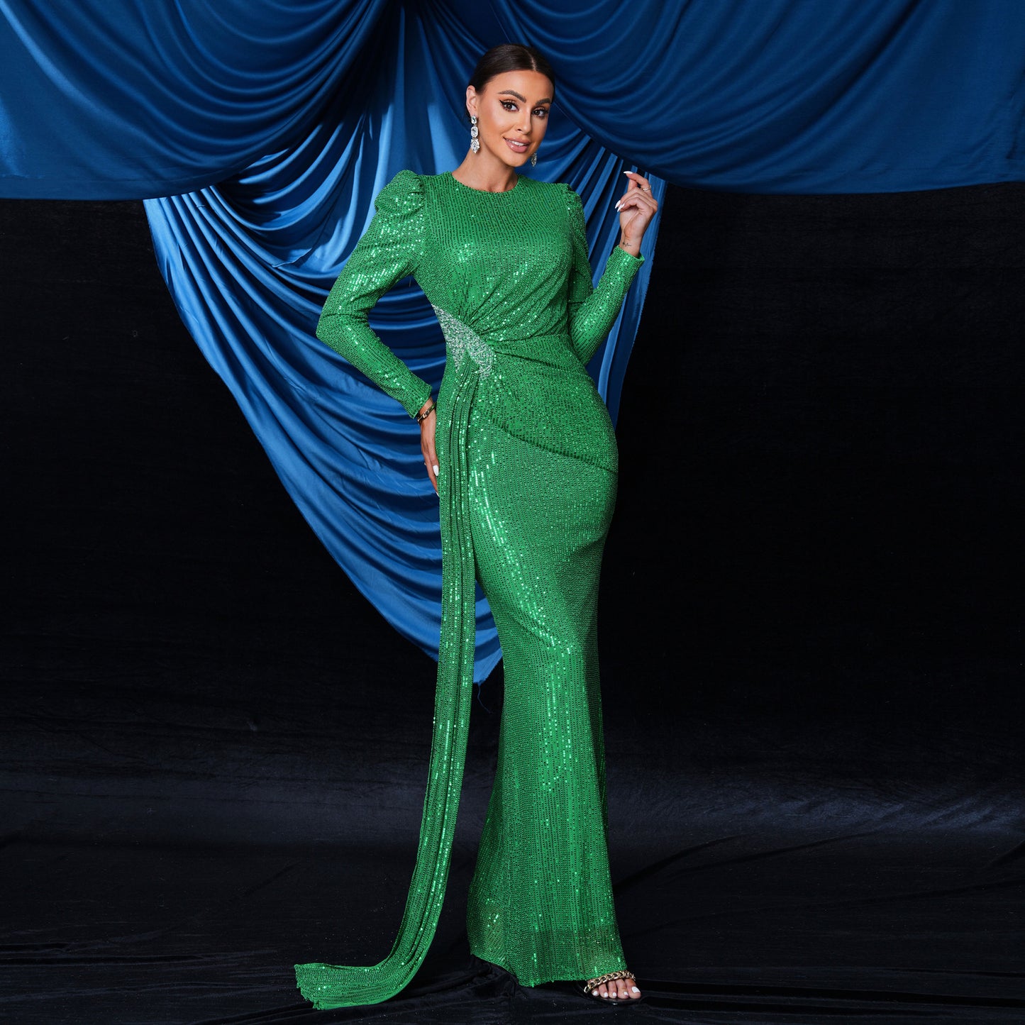 sequin embellished pleated bodycon maxi dress in green