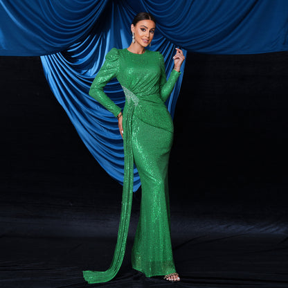 sequin embellished pleated bodycon maxi dress in green