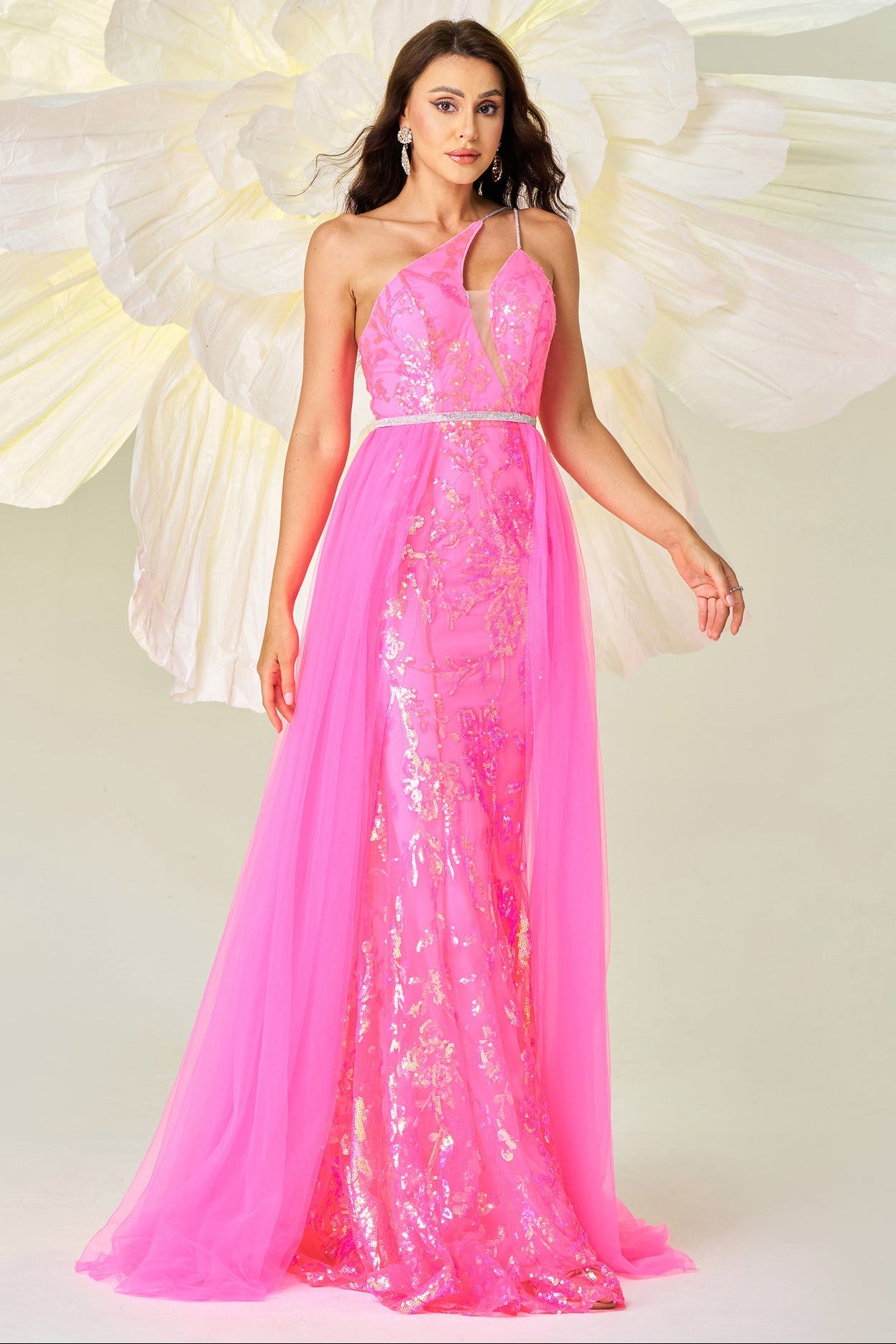 One-shoulder asymmetrical neckline sequined mesh dress