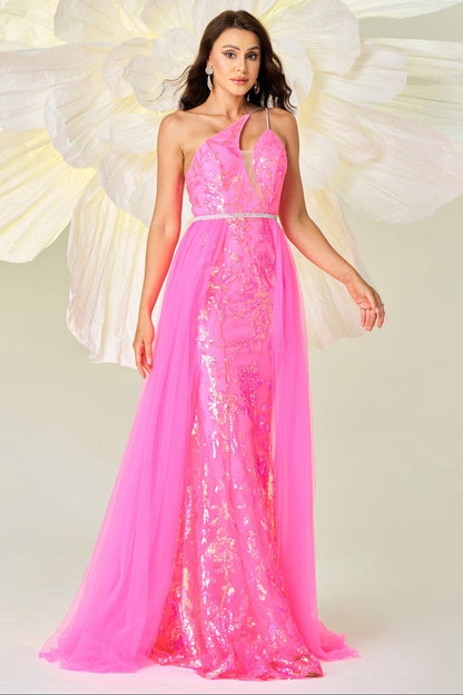 One-shoulder asymmetrical neckline sequined mesh dress