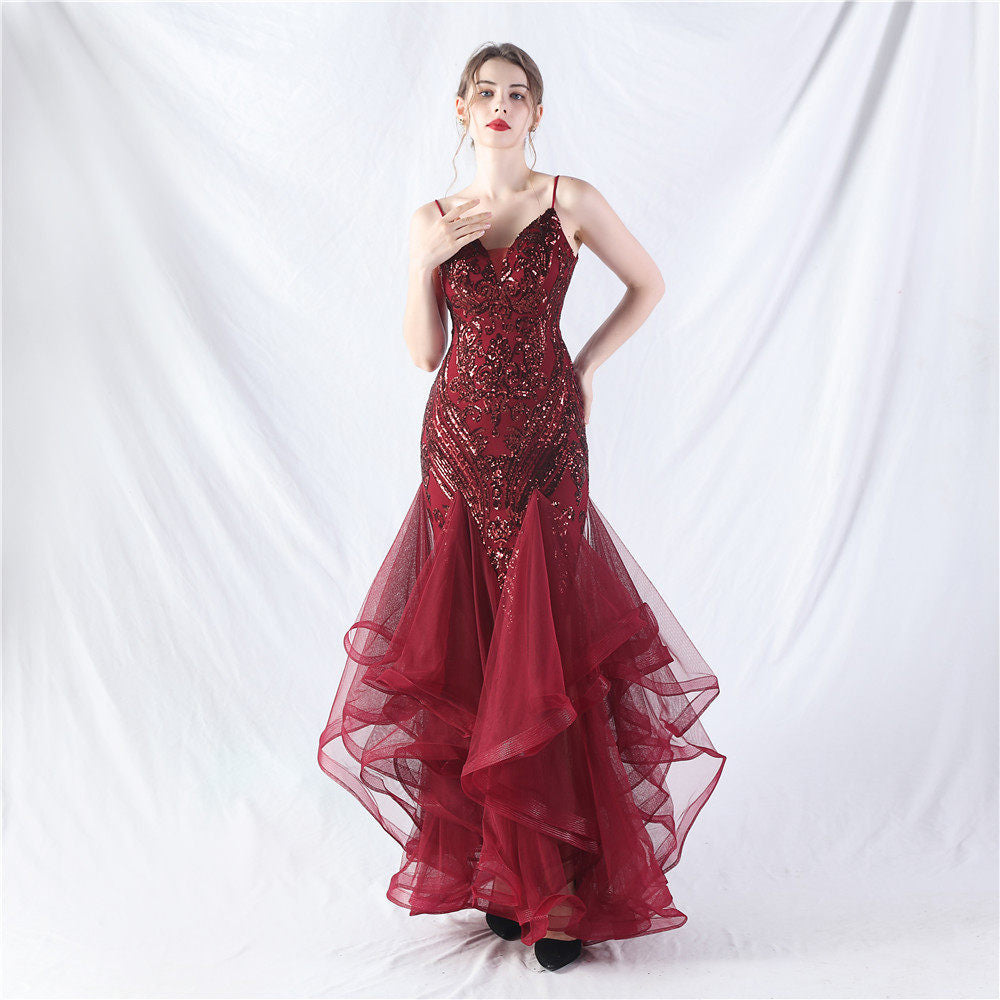 sequin slip tulle maxi dress