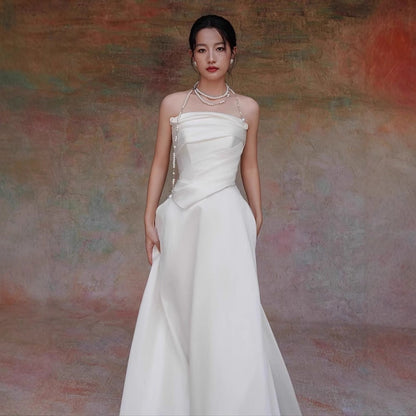 Lydia White French Satin Strapless maxi Train Welcome Gown