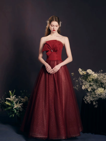 sequin detail bow strapless maxi dress in red