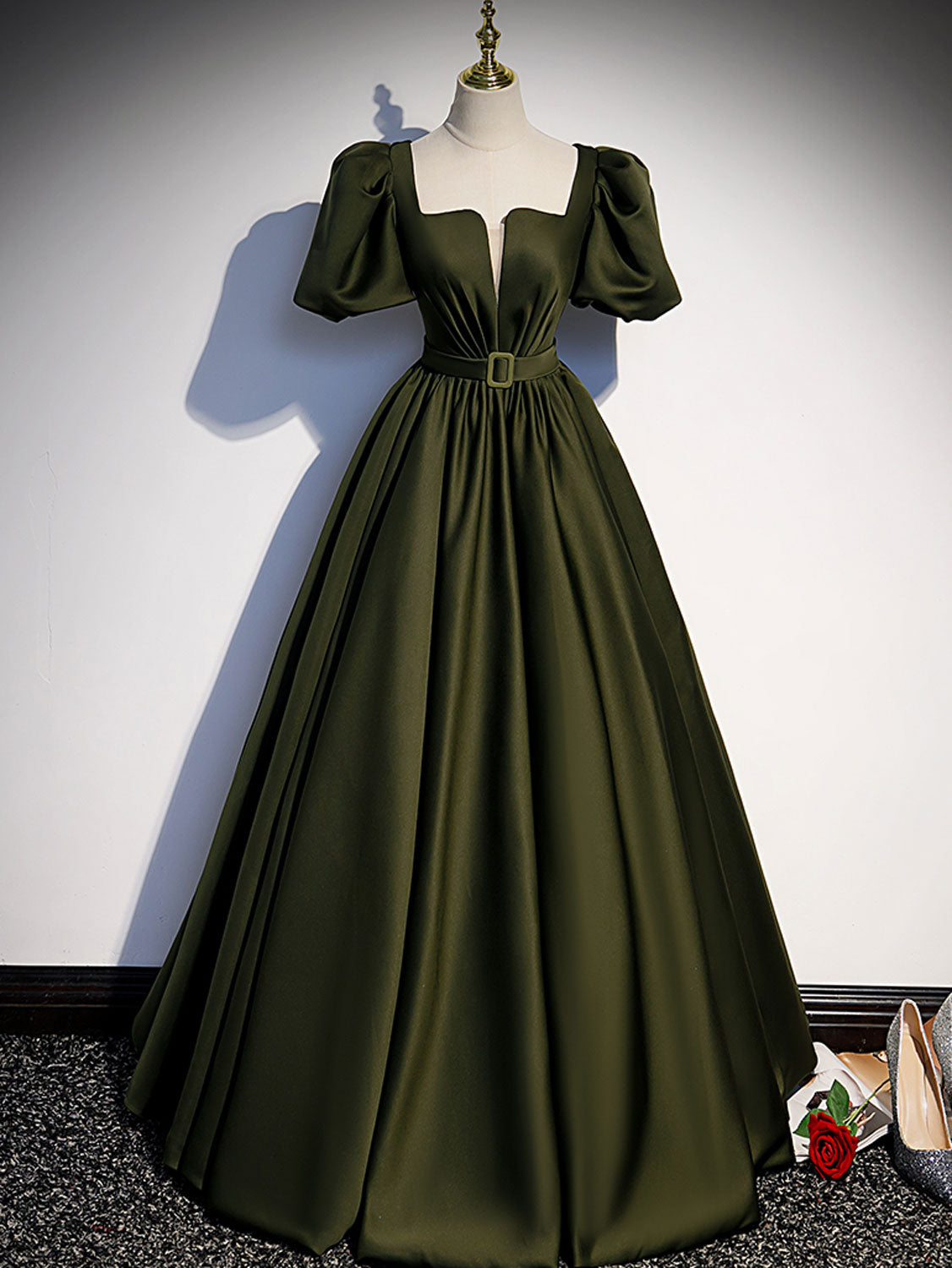 Green satin A line dress