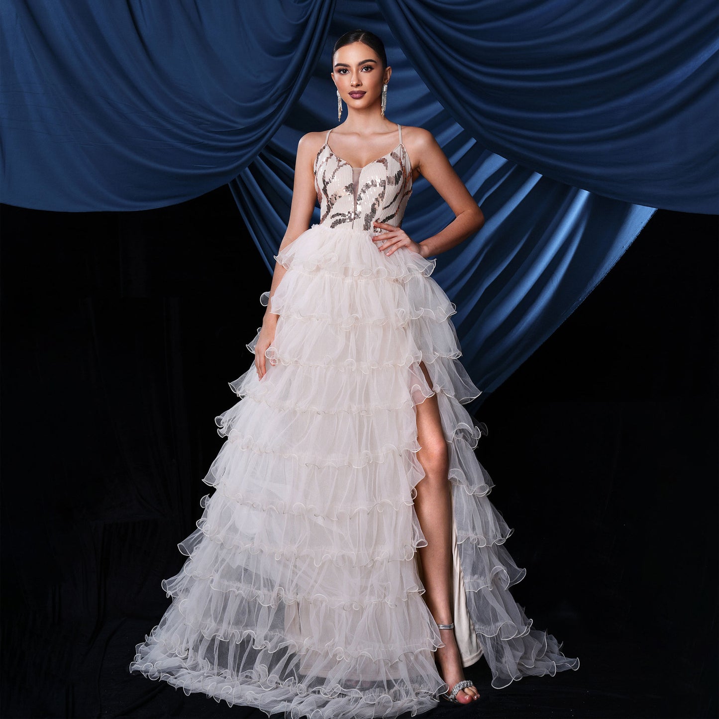 isabel sequin detail tulle layer high slit maxi dress