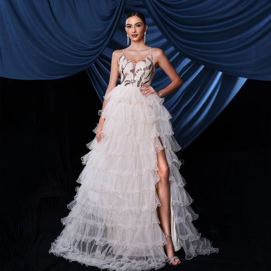isabel sequin detail tulle layer high slit maxi dress