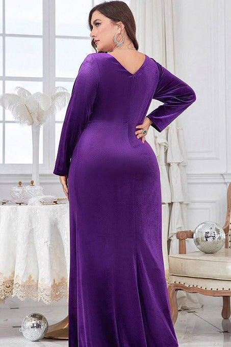 kate v neck long sleeve velvet maxi dress in purple