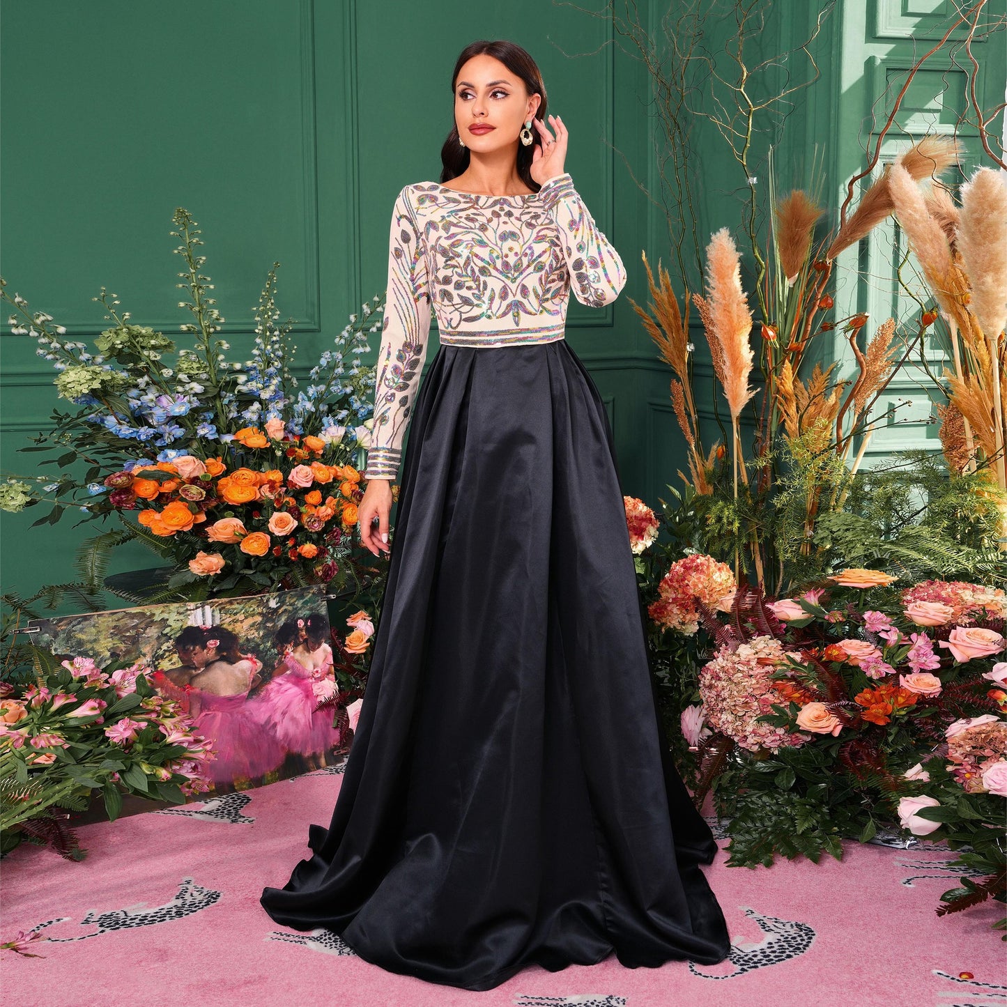 sequin print long sleeve satin maxi dress