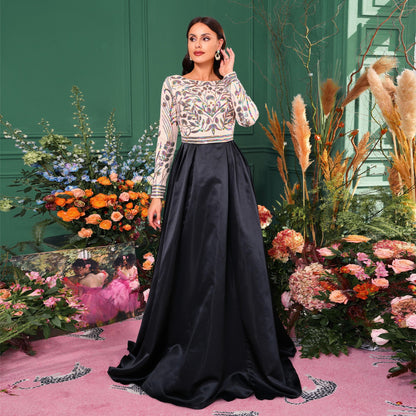 sequin print long sleeve satin maxi dress