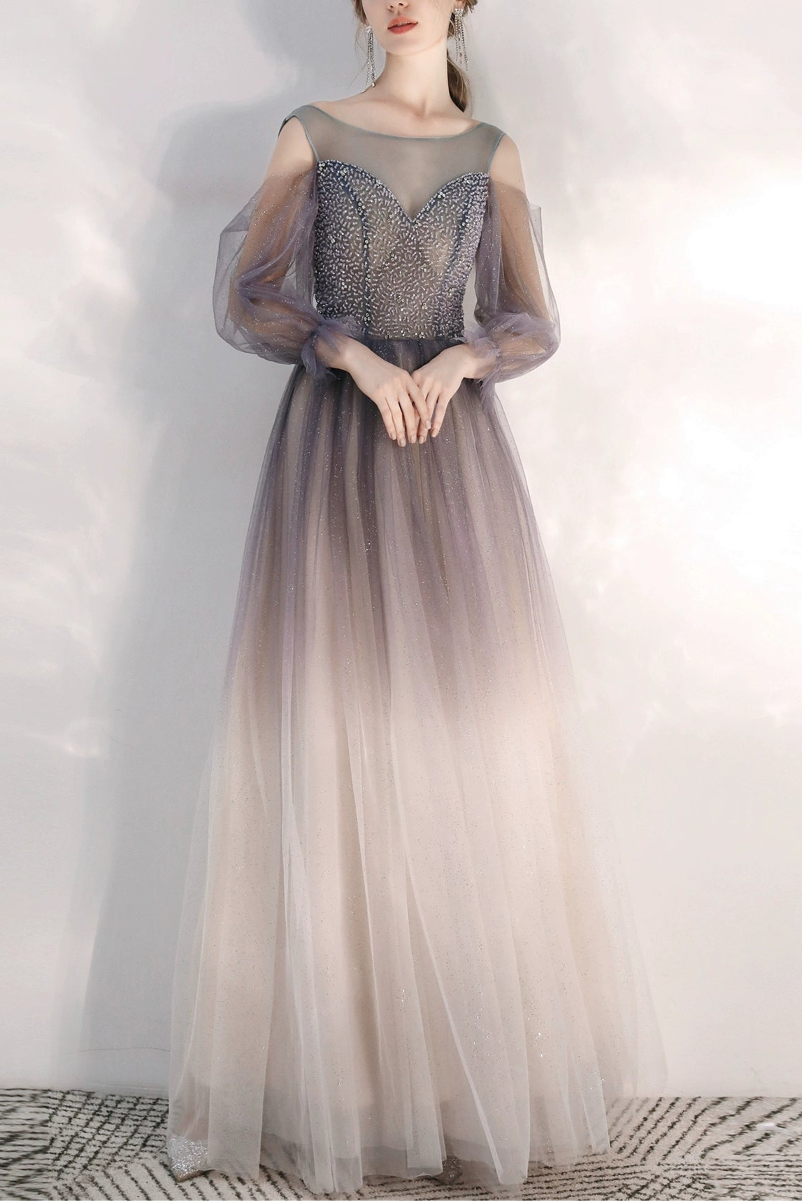 gradient purple sequin detail tulle maxi dress