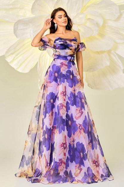 Strappy one-shoulder neckline waist-cinching printed swing evening dress