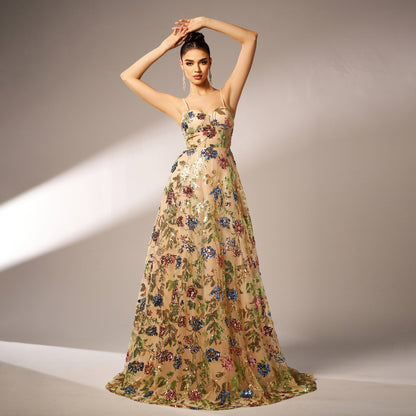 off-shoulder sequin print maxi dress in apricot