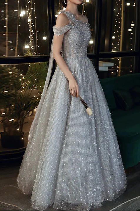Dusty Blue one-shoulder pearl maxi tulle evening dress