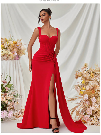 Hip-hugging high-slit suspender long dress