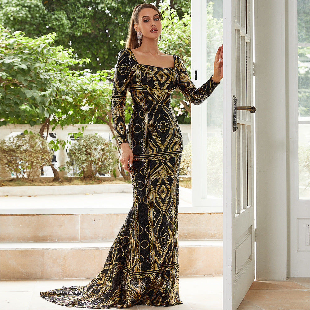 square neck sequin print maxi dress