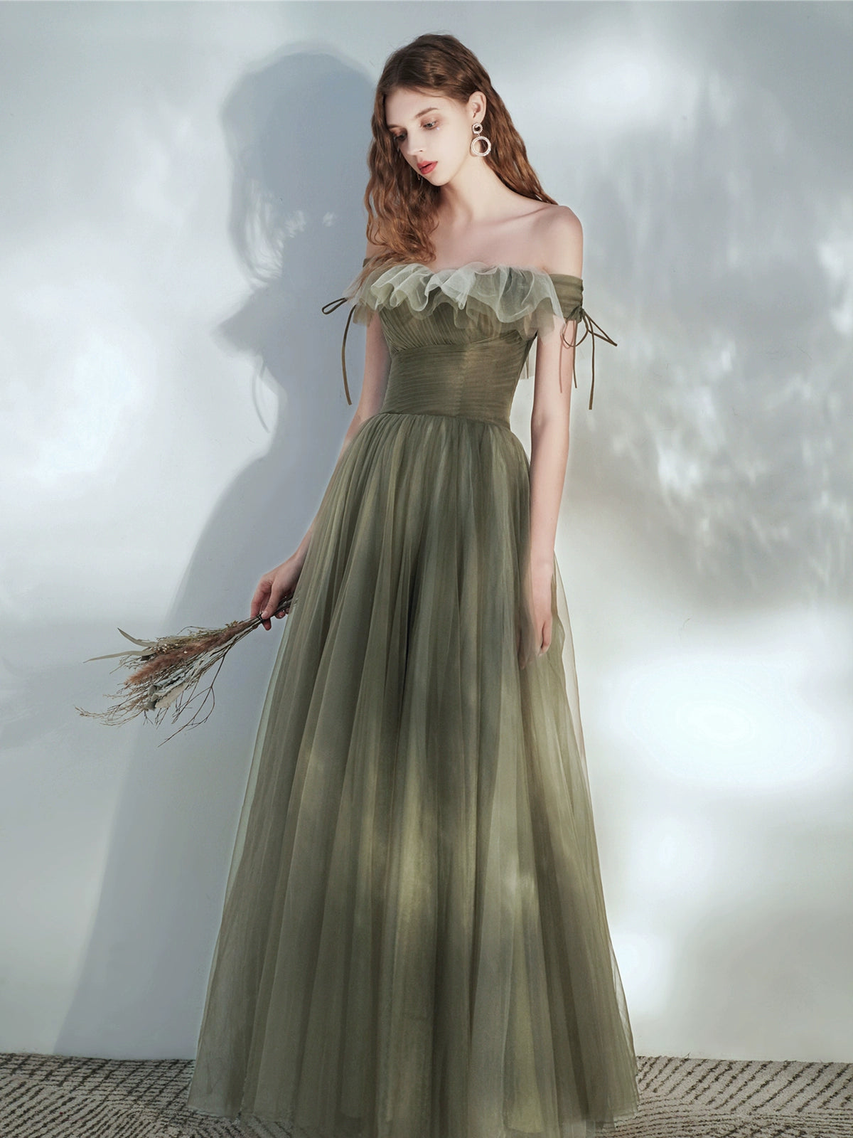 tulle ruffle strapless maxi dress in green