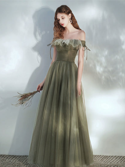 tulle ruffle strapless maxi dress in green