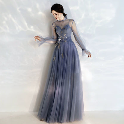 long sleeve Tulle Maxi dress in blue