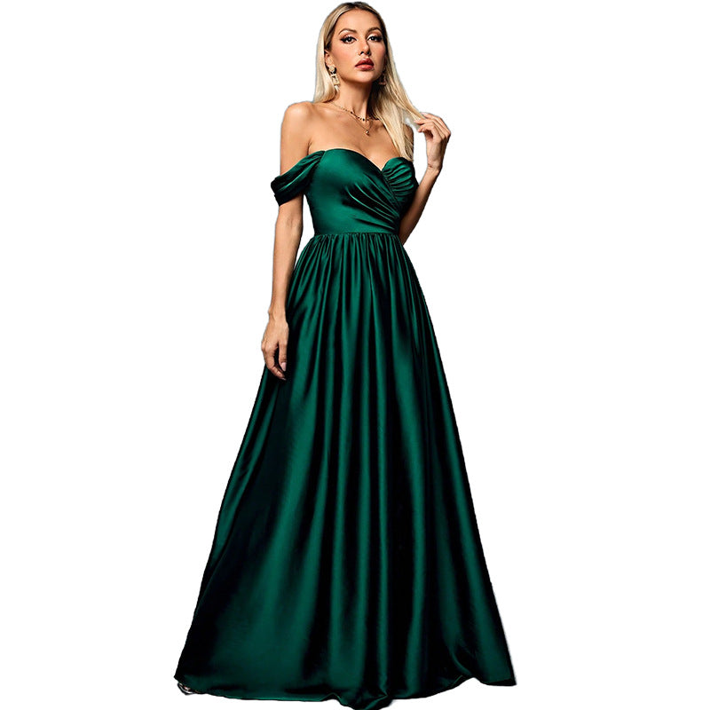 off shoulder ruched satin maxi dress in green