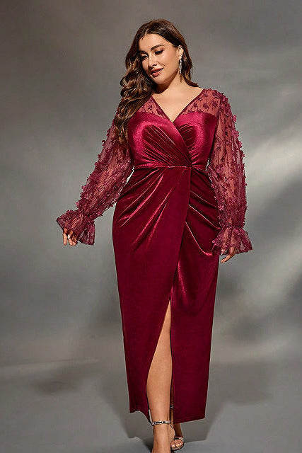 v neck floral appliqué sleeve velvet maxi dress in red