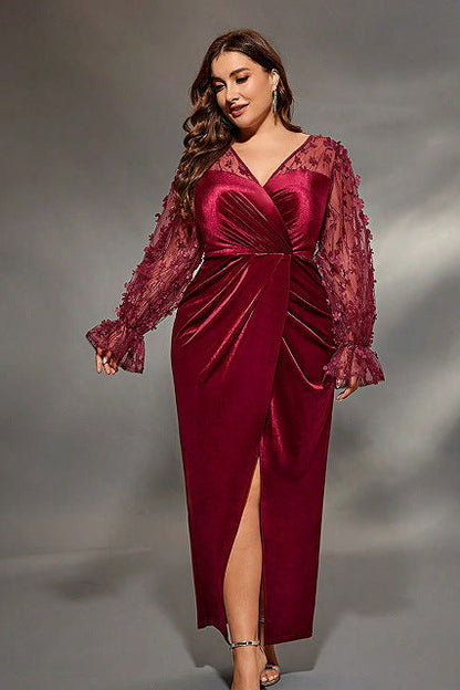 v neck floral appliqué sleeve velvet maxi dress in red