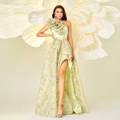 3d flower printed one shoulder high slit maxi dress in green