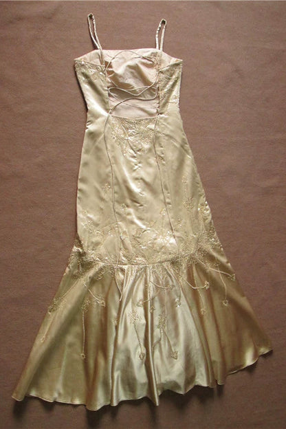 Gold brocade beaded suspender fishtail maxi skirt