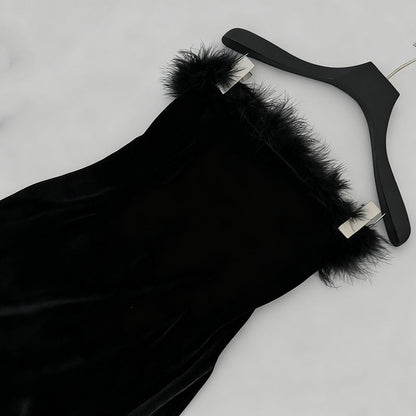 samantha feather velvet strapless mini dress in black