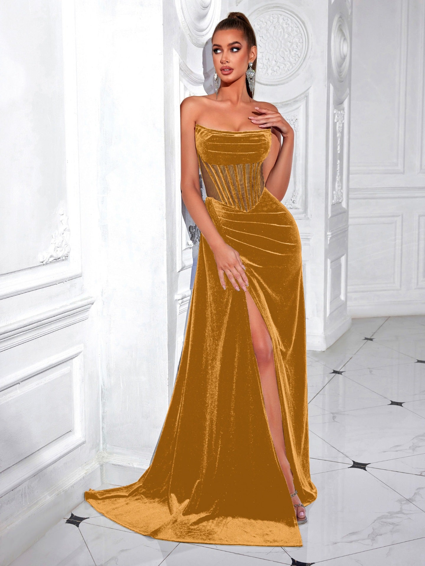 Velvet herringbone strapless evening maxi dress