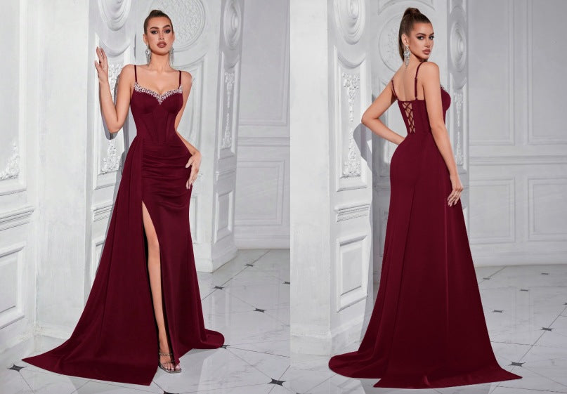 evelyn Rhinestones satin draped high slit maxi dress