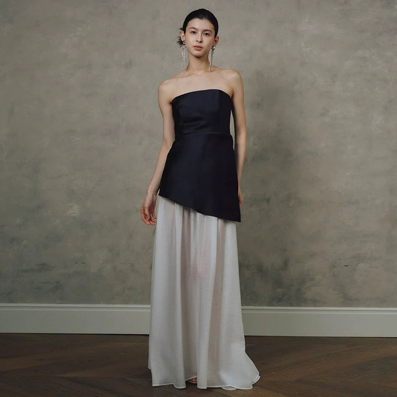 satin Spliced tulle  strapless maxi dress in black and white