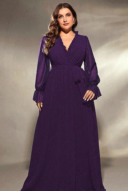 lantern sleeve v ncek maxi dress in purple