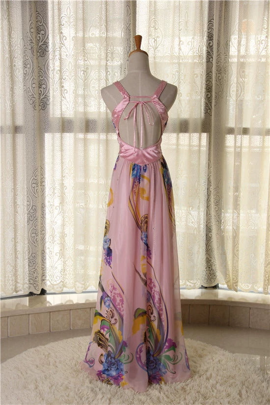 Pink printed open back long beaded maxi dress