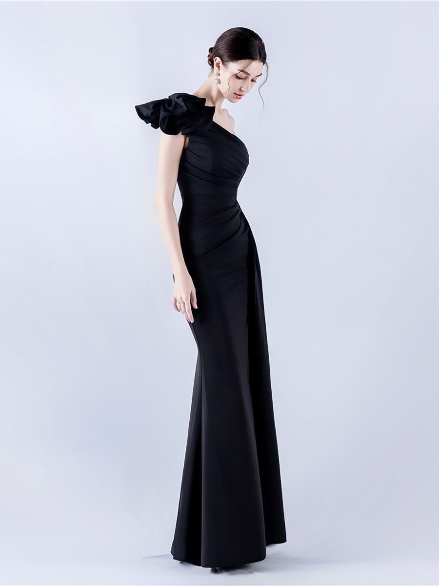 One Shoulder Flower Pleated Draped Prom Dress