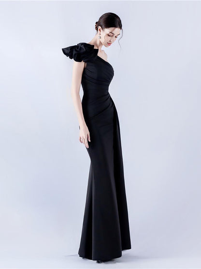 One Shoulder Flower Pleated Draped Prom Dress