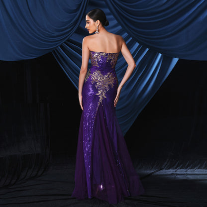 jennifer sequin patern applique strapless maxi dress in purple