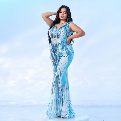 Long sleeveless V-neck sequined dress