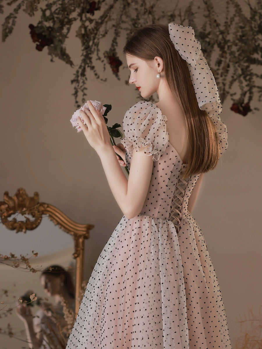 polka dots puff short sleeve midi dress in pink white