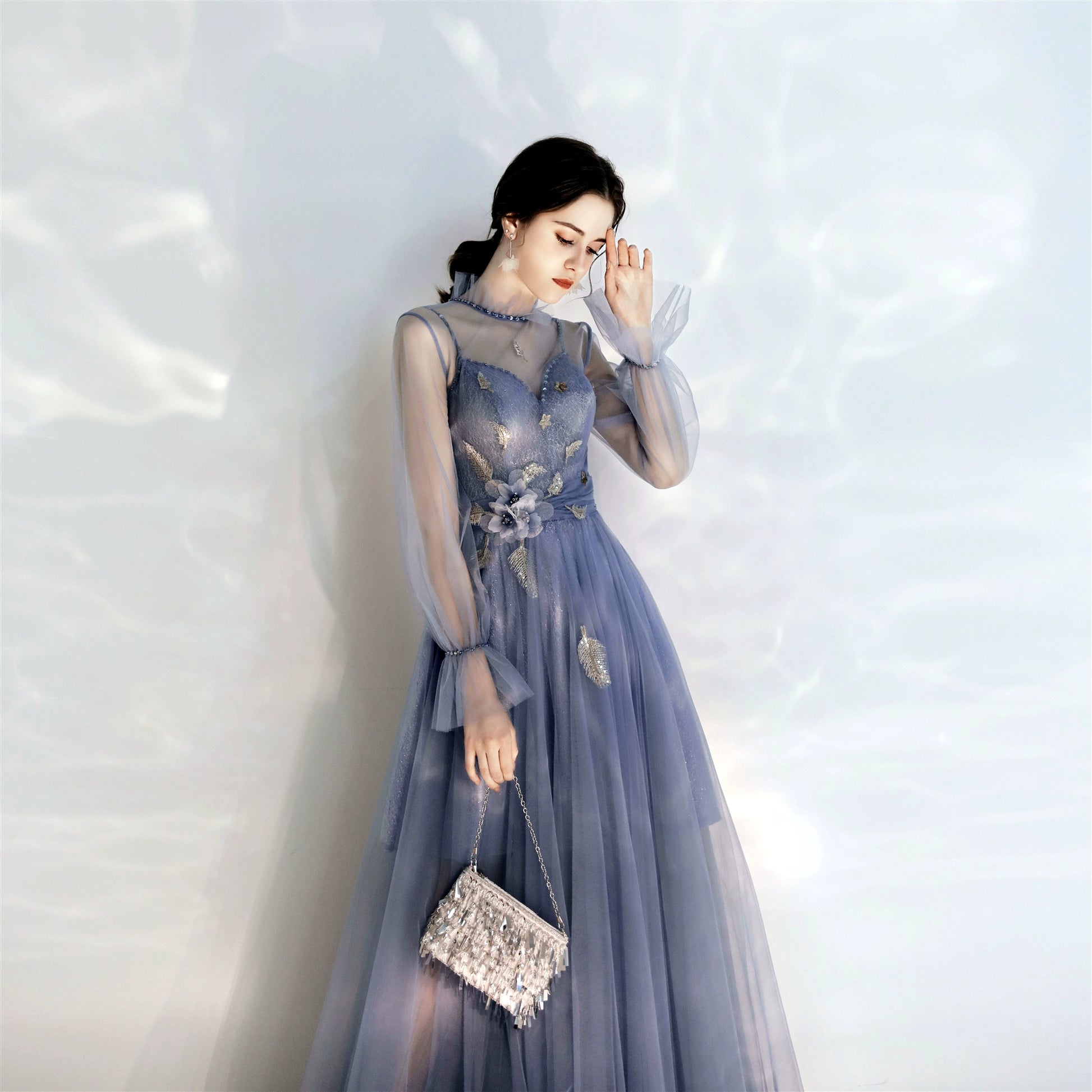long sleeve Tulle Maxi dress in blue