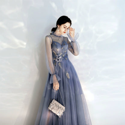 long sleeve Tulle Maxi dress in blue