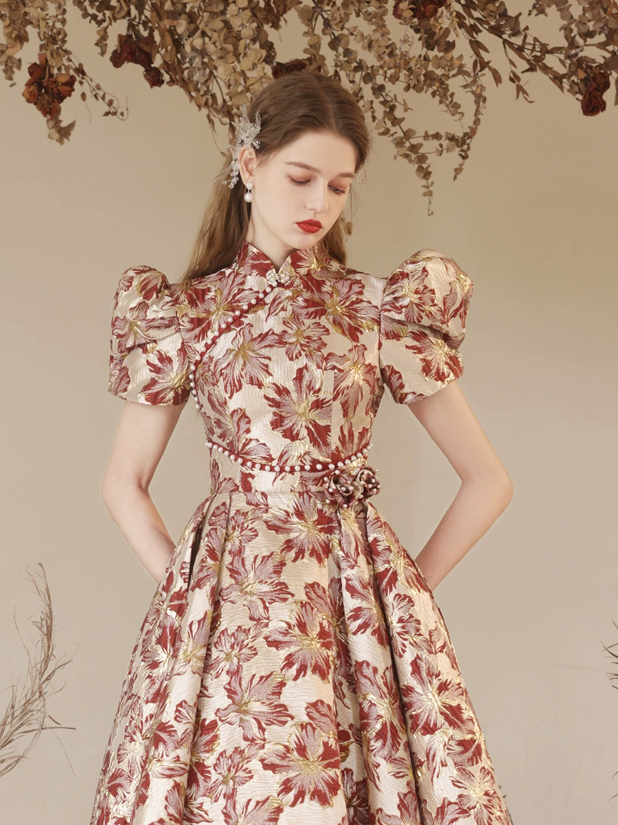 red floral print satin maxi dress