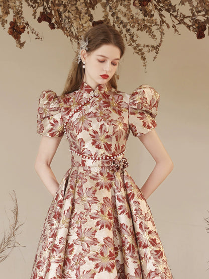 red floral print satin maxi dress