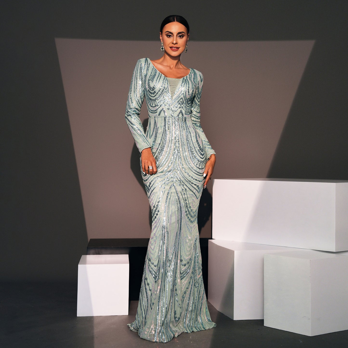 v-neck sequin detail long sleeve bodycon maxi dress