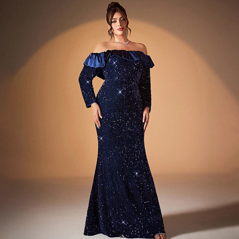 off shoulder  ruched sequin maxi dress in dark blue